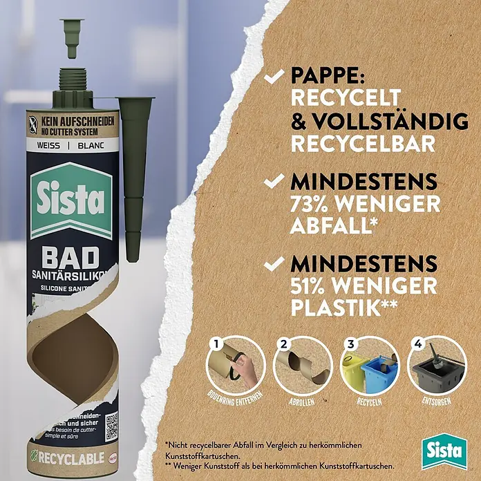 Sista Sanitär-Silikon Bad - Weiß, 280 ml - Sista Silikondichtstoff in recycelbarer Kartusche aus Pappe, weiß, mit reduziertem Kunststoffanteil.