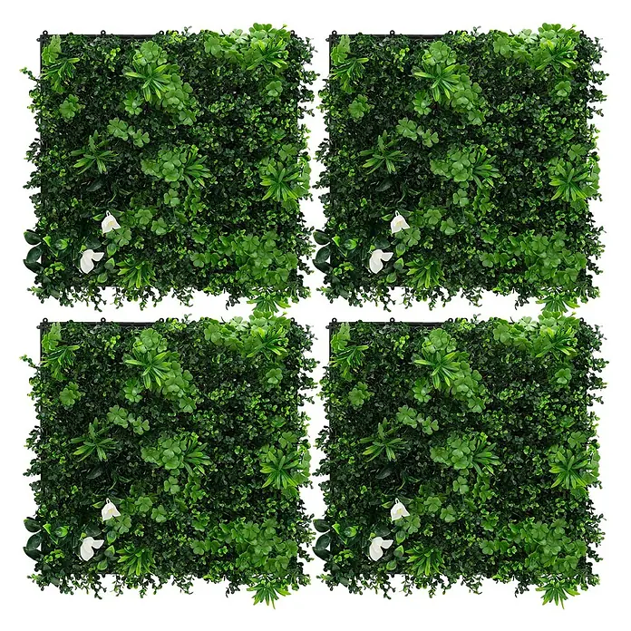 Künstliche Pflanzenwand Kunstpflanzen Wand Innen Aussen White Jasmine -  - Vier quadratische Kunstrasenpaneele mit grünen Blättern und weißen Blüten für dekorative Wände oder Hecken.