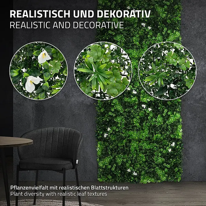 Künstliche Pflanzenwand Kunstpflanzen Wand Innen Aussen White Jasmine -  - Dekorative künstliche grüne Pflanzenwand mit realistischen Blattstrukturen und weißen Blüten, verschönert einen Innenraum.