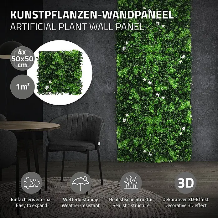 Künstliche Pflanzenwand Kunstpflanzen Wand Innen Aussen White Jasmine -  - Grüne Kunstpflanzen-Wandpaneele (4x 50x50 cm, 1m²) in dunklem Raum. Erweiterbar, wetterbeständig, realistische 3D-Struktur.