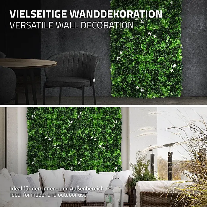 Künstliche Pflanzenwand Kunstpflanzen Wand Innen Aussen White Jasmine -  - Grüne künstliche Pflanzenwandpaneele mit weißen Blüten, als vielseitige Wanddekoration für drinnen und draußen.