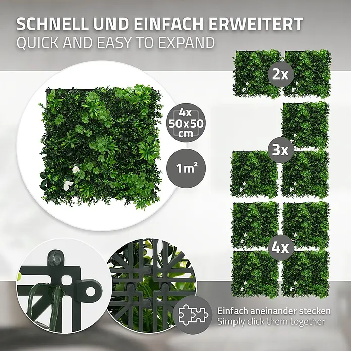 Künstliche Pflanzenwand Kunstpflanzen Wand Innen Aussen White Jasmine -  - Modulare Kunstheckenplatten, 50x50cm, einfach verbindbar für erweiterbare grüne Wände.