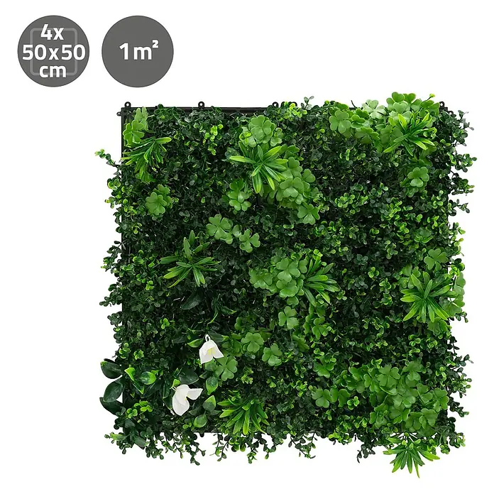 Künstliche Pflanzenwand Kunstpflanzen Wand Innen Aussen White Jasmine -  - Künstliche grüne Wand aus 4 zusammensteckbaren Paneelen (je 50x50 cm) für 1m², mit verschiedenen grünen Blättern und weißen Blumen.