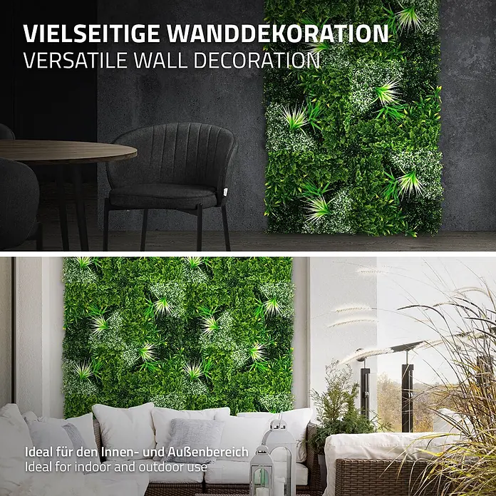 Künstliche Pflanzenwand Kunstpflanzen Wand Innen Aussen White Blossom -  - Üppige künstliche grüne Wand mit gemischtem Blattwerk, stacheligen Pflanzen und weißen Akzenten, gezeigt in Innen- und Außenbereichen.