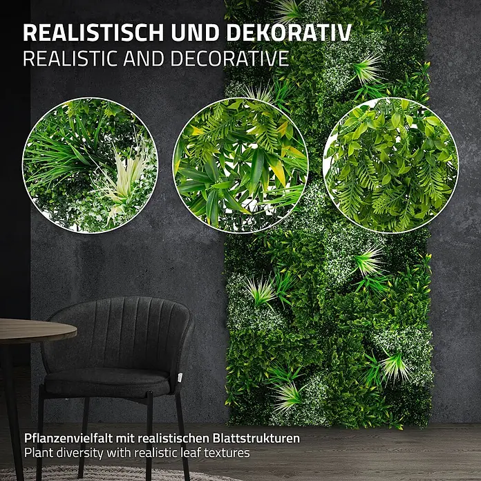 Künstliche Pflanzenwand Kunstpflanzen Wand Innen Aussen White Blossom -  - Realistische künstliche grüne Wandpaneele mit vielfältigen Blattstrukturen als dekoratives Element.