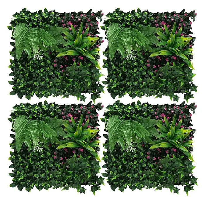 Künstliche Pflanzenwand Kunstpflanzen Wand Innen Aussen Jungle Fern -  - Vier künstliche grüne Wandpaneele mit Farnen, Efeu und buntem Laub, im Raster angeordnet.