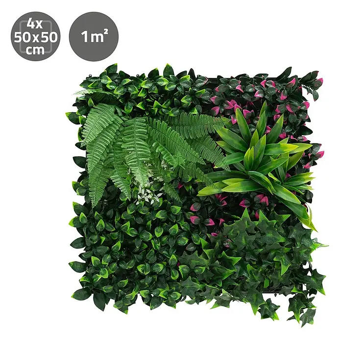 Künstliche Pflanzenwand Kunstpflanzen Wand Innen Aussen Jungle Fern -  - Set aus 4 künstlichen Grünwandpaneelen, 1 m² gesamt, mit gemischtem realistischem Laub, Farnen und rosa Akzenten.