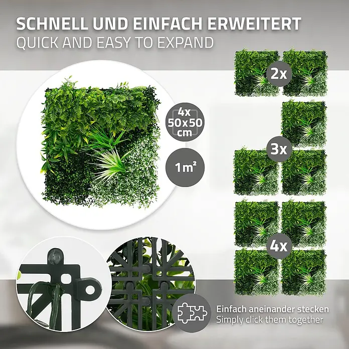 Künstliche Pflanzenwand Kunstpflanzen Wand Innen Aussen White Blossom -  - Modulare grüne Kunstpflanzenwandpaneele, einfach erweiterbar und zusammensteckbar. Zeigt Größen (4x 50x50cm, 1m²) und Verbindungsdetails.