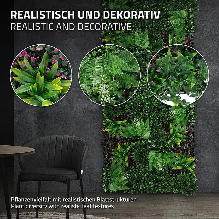 Künstliche Pflanzenwand Kunstpflanzen Wand Innen Aussen Jungle Fern -  - Realistische Kunstpflanzenwand mit vielfältigen grünen Blattstrukturen und Akzentfarben für Innenräume.