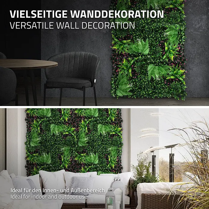 Künstliche Pflanzenwand Kunstpflanzen Wand Innen Aussen Jungle Fern -  - Künstliche grüne Wandpaneele mit Pflanzen und Blüten, für Innen- und Außenbereiche.