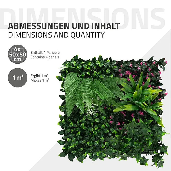 Künstliche Pflanzenwand Kunstpflanzen Wand Innen Aussen Jungle Fern -  - Set aus 4 künstlichen Grünwandpaneelen, je 50x50 cm für 1m² Abdeckung. Mit gemischtem grünen Laub und rosa Akzenten.