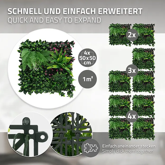 Künstliche Pflanzenwand Kunstpflanzen Wand Innen Aussen Jungle Fern -  - Modulare Kunstpflanzenwandpaneele, 50x50 cm, mit grünem Blattwerk und rosa Akzenten, zeigen einfaches Klick-Verbindungssystem.