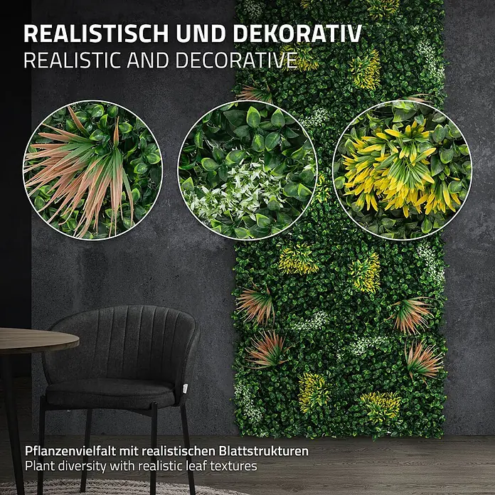Künstliche Pflanzenwand Kunstpflanzen Wand Innen Aussen Copper Leaf -  - Künstliche Pflanzenwand mit vielfältigem, realistischem Grün, Gelb, Weiß und Braun, dekoriert eine dunkelgraue Wand.