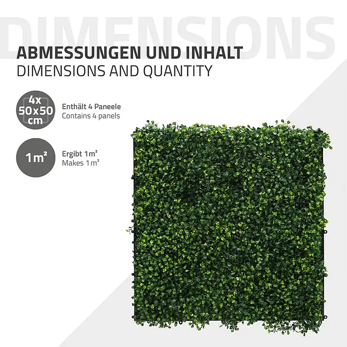 Künstliche Pflanzenwand Kunstpflanzen Wand Innen Aussen Classic Buxus -  - Vier 50x50 cm grüne Kunstheckenpaneele, ergeben 1 m².