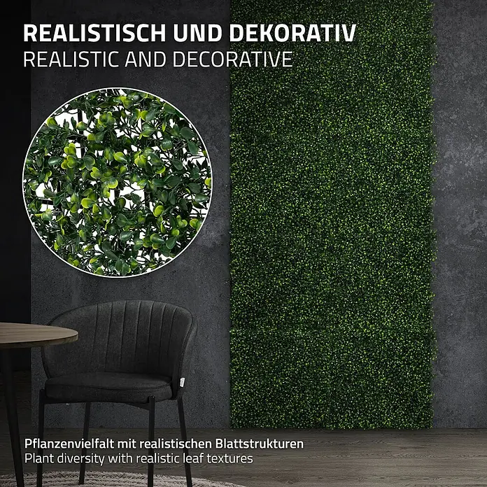 Künstliche Pflanzenwand Kunstpflanzen Wand Innen Aussen Classic Buxus -  - Große künstliche grüne Heckenplatte an einer Wand mit Nahaufnahme realistischer Blätter. Dekorative, naturgetreue Pflanzenvielfalt für Innen/Außen.
