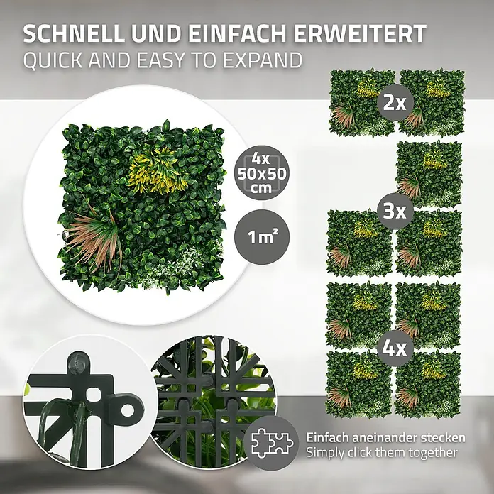Künstliche Pflanzenwand Kunstpflanzen Wand Innen Aussen Copper Leaf -  - Künstliche grüne Heckenpaneele mit gelben, braunen und weißen Akzentpflanzen. Mit Klick-Verbindung für einfache Erweiterung.