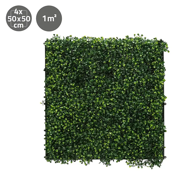 Künstliche Pflanzenwand Kunstpflanzen Wand Innen Aussen Classic Buxus -  - Set aus vier 50x50 cm künstlichen Buchsbaum-Heckenelementen, 1m² abdeckend.