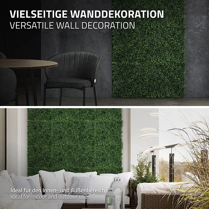 Künstliche Pflanzenwand Kunstpflanzen Wand Innen Aussen Classic Buxus -  - Künstliche grüne Wandpaneele als vielseitige Innen- und Außendekoration, gezeigt im Essbereich und auf einem Balkon.