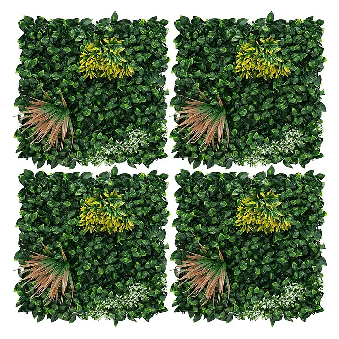 Künstliche Pflanzenwand Kunstpflanzen Wand Innen Aussen Copper Leaf -  - Vier künstliche grüne Pflanzenplatten mit Mischlaub, gelb-grünen Akzenten und kleinen weißen Blüten zur Dekoration.