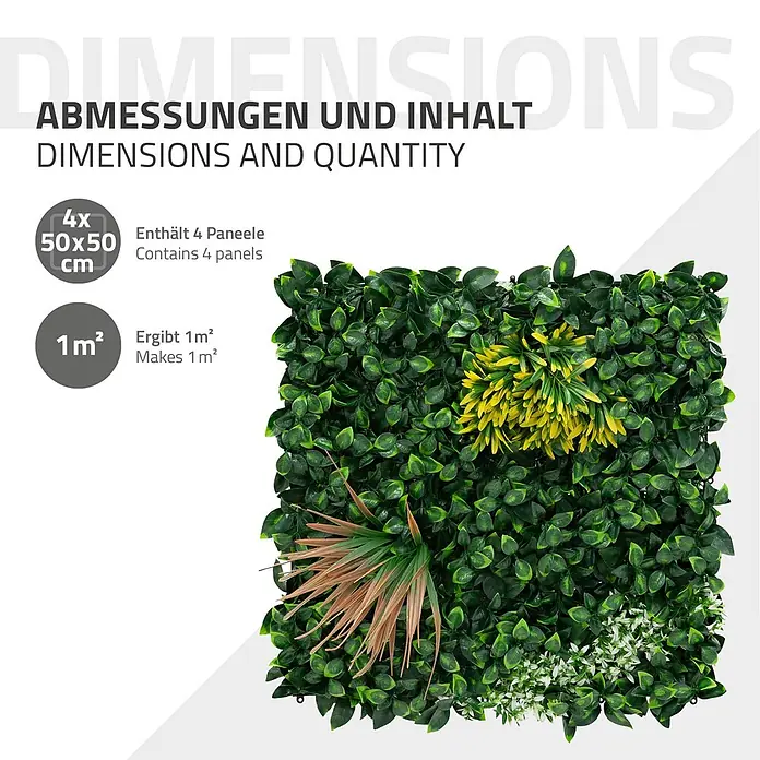 Künstliche Pflanzenwand Kunstpflanzen Wand Innen Aussen Copper Leaf -  - Vier 50x50 cm künstliche Grünwandpaneele mit gemischtem Laub und Blumen, die 1 m² abdecken.