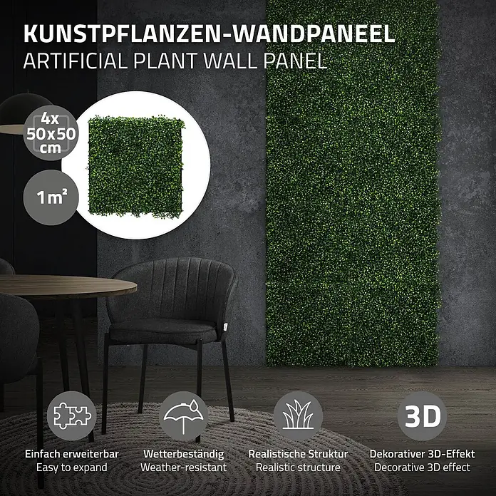 Künstliche Pflanzenwand Kunstpflanzen Wand Innen Aussen Classic Buxus -  - Grüne Kunstpflanzen-Wandpaneele (4x 50x50cm, 1m² gesamt) erzeugen einen dekorativen 3D-Effekt in einem Raum.