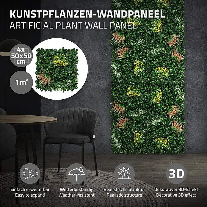 Künstliche Pflanzenwand Kunstpflanzen Wand Innen Aussen Copper Leaf -  - Modulare Kunstpflanzen-Wandpaneele mit realistisch grüner Belaubung und farbigen Akzenten, als dekorativer vertikaler Garten.