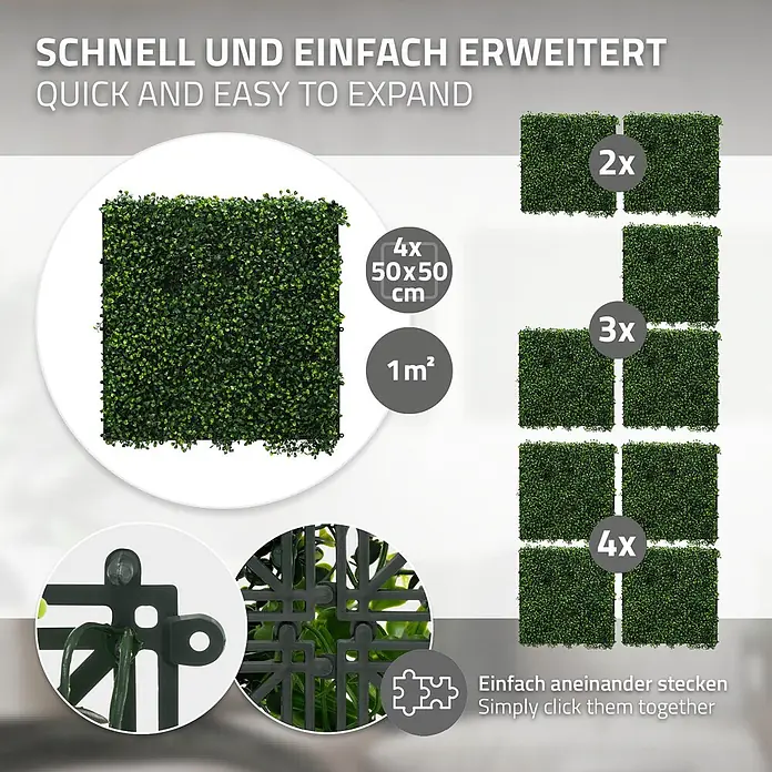 Künstliche Pflanzenwand Kunstpflanzen Wand Innen Aussen Classic Buxus -  - Erweiterbare grüne Kunstheckenpaneele, 4x 50x50 cm für 1m², mit einfachem Klickverbindungssystem.