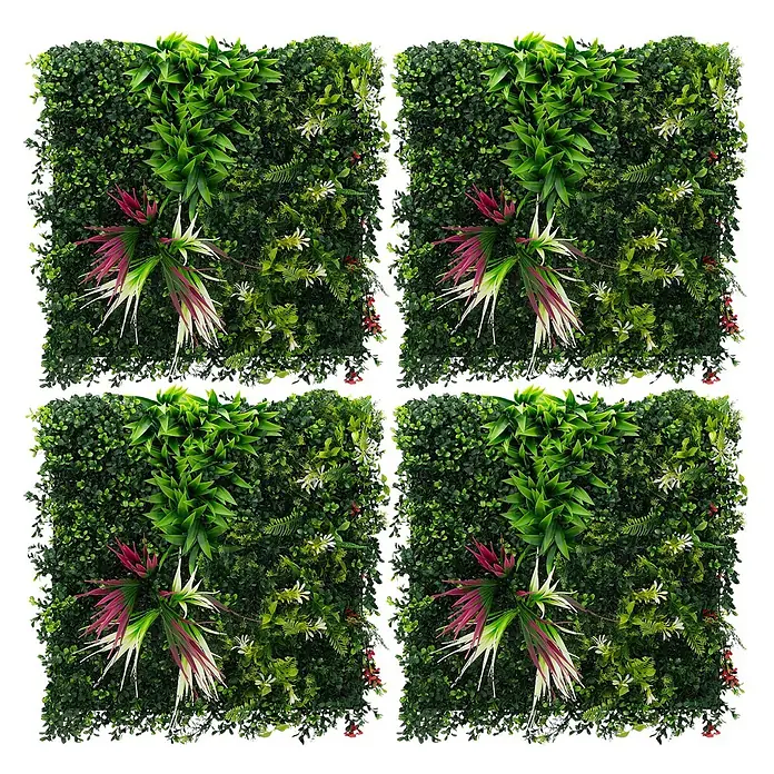 Künstliche Pflanzenwand Kunstpflanzen Wand Innen Aussen Tropical Pink -  - Vier quadratische künstliche Grünwandpaneele mit vielfältigem Laub und roten und weißen Akzenten.