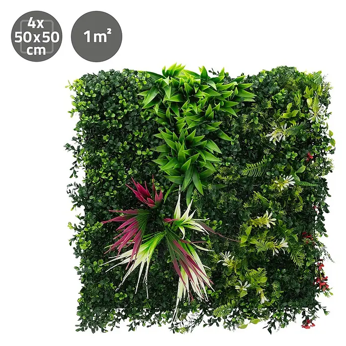 Künstliche Pflanzenwand Kunstpflanzen Wand Innen Aussen Tropical Pink -  - Modulare künstliche grüne Wand mit vielfältigem Blattwerk, roten und weißen Akzenten, 1m² Abdeckung.