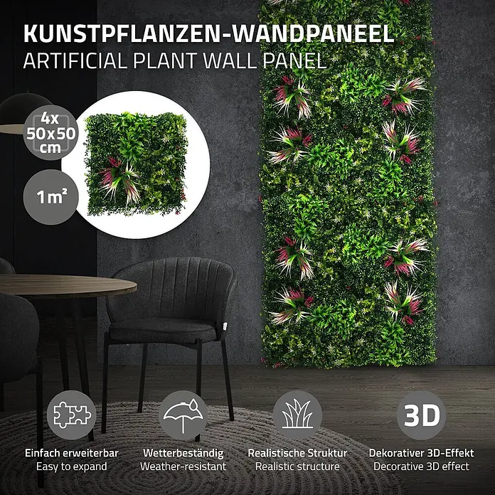 Künstliche Pflanzenwand Kunstpflanzen Wand Innen Aussen Tropical Pink -  - Modulares Kunstpflanzen-Wandpaneel, 4x 50x50cm (1m²), mit realistischem Grün & 3D-Effekt, erweiterbar, wetterbeständig für dekorativen Einsatz.
