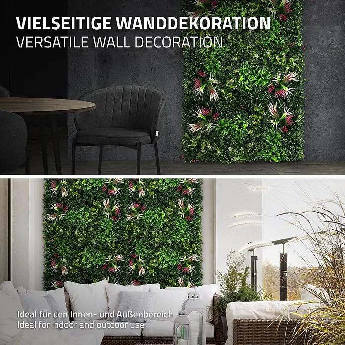 Künstliche Pflanzenwand Kunstpflanzen Wand Innen Aussen Tropical Pink -  - Künstliche grüne Wandpaneele mit vielfältigem Blattwerk und Akzentpflanzen, vielseitige Wanddekoration für Innen- und Außenbereiche.
