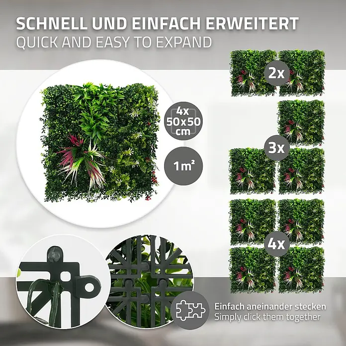 Künstliche Pflanzenwand Kunstpflanzen Wand Innen Aussen Tropical Pink -  - Erweiterbare, grüne Kunstpflanzen-Wandpaneele mit Stecksystem.