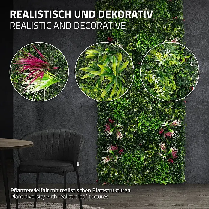 Künstliche Pflanzenwand Kunstpflanzen Wand Innen Aussen Tropical Pink -  - Realistische und dekorative Kunstpflanzenwand mit vielfältigem grünen Laub und realistischen Blattstrukturen, die einen Innenraum verschönert.