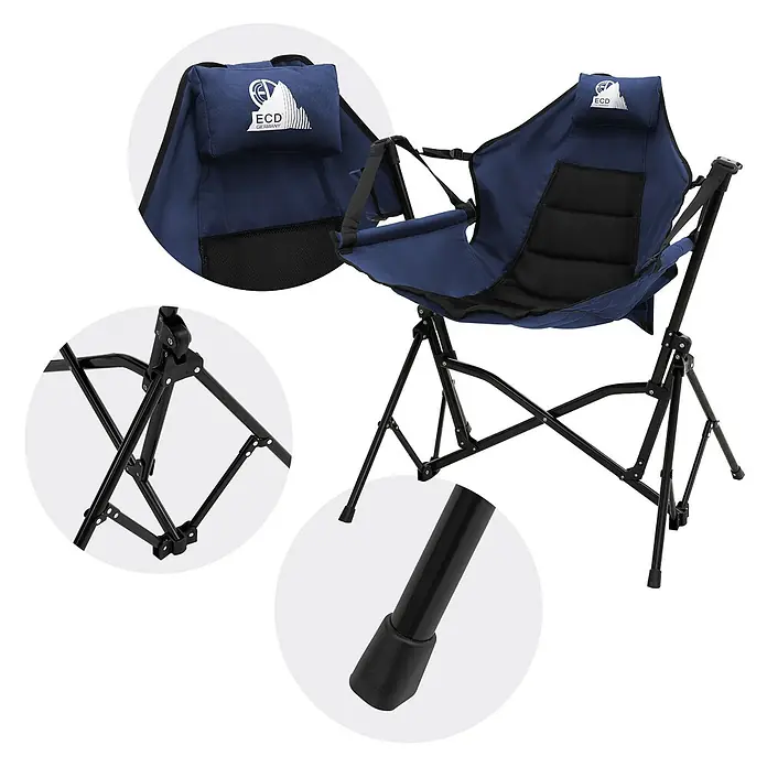 Campingstuhl faltbar Schaukelstuhl bis 150 kg Angelstuhl Outdoor Blau -  - Blauer klappbarer Campingstuhl mit schwarzem Gestell und gepolsterter Kopfstütze, Details des Klappmechanismus und der Fußkappen.