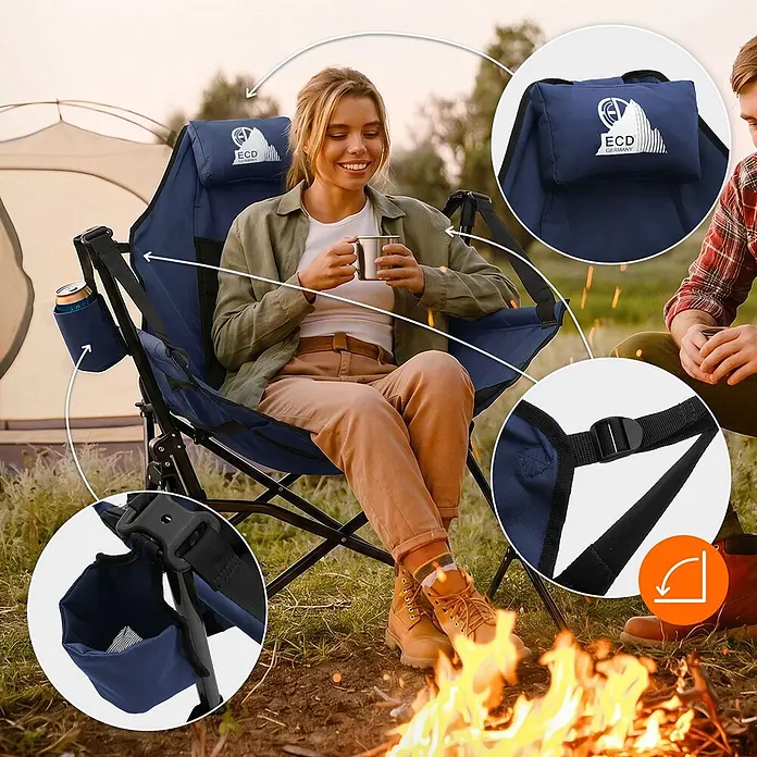 Campingstuhl faltbar Schaukelstuhl bis 150 kg Angelstuhl Outdoor Blau -  - Eine Frau entspannt in einem blauen Campingstuhl mit Kopfstütze, Becherhalter und verstellbarem Gurt, genießt eine Lagerfeuerszene.