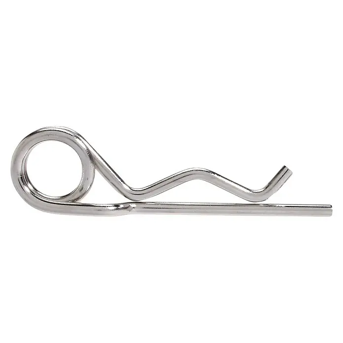 Marinetech Federstecker - Durchmesser: 3,2 mm, Edelstahl, A4 - Ein glänzender Sicherungsstift aus Metall mit einem markanten Ringkopf und gebogenen Schenkeln für vielfältige Anwendungen.