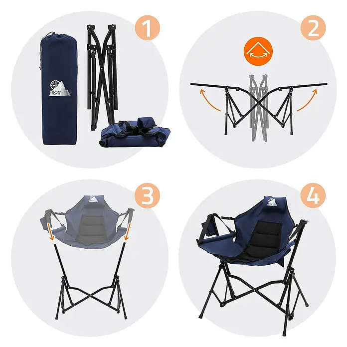Campingstuhl faltbar Schaukelstuhl bis 150 kg Angelstuhl Outdoor Blau -  - Montageanleitung für einen blau-schwarzen Klapp-Campingstuhl. Es zeigt das Auspacken, das Aufklappen des Gestells und das Anbringen des Stoffsitzes.