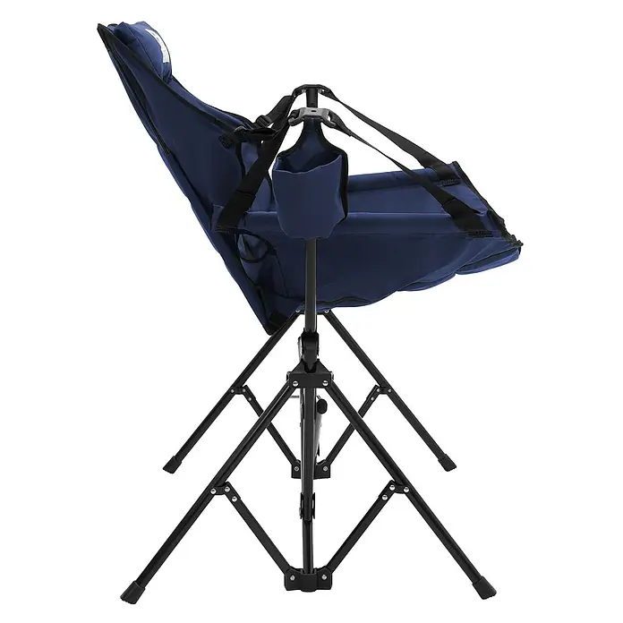 Campingstuhl faltbar Schaukelstuhl bis 150 kg Angelstuhl Outdoor Blau -  - Dunkelblauer klappbarer Campingstuhl mit schwarzem Metallrahmen, hoher Rückenlehne und Seitentasche.