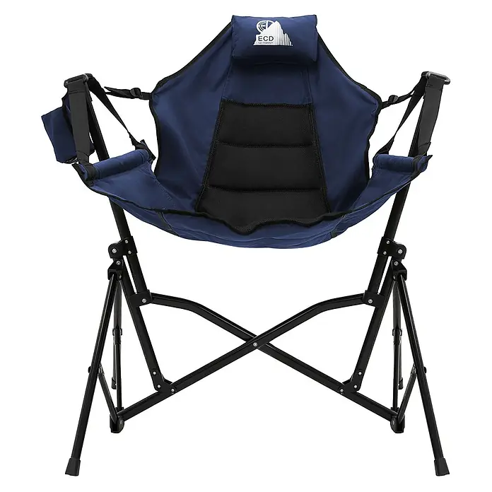 Campingstuhl faltbar Schaukelstuhl bis 150 kg Angelstuhl Outdoor Blau -  - Blauer klappbarer Mond-Campingstuhl mit schwarzem Metallrahmen und gepolsterter Kopfstütze.