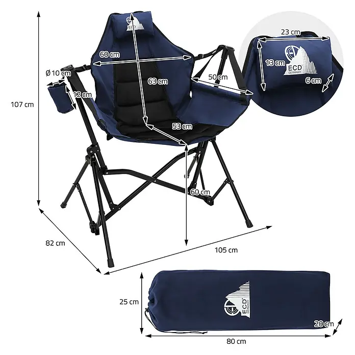 Campingstuhl faltbar Schaukelstuhl bis 150 kg Angelstuhl Outdoor Blau -  - Blauer Klapp-Campingstuhl mit schwarzem Gestell, offen mit verschiedenen Maßen und zusammengeklappt in passender blauer Tragetasche gezeigt.
