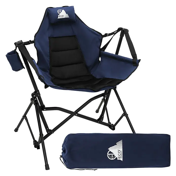 Campingstuhl faltbar Schaukelstuhl bis 150 kg Angelstuhl Outdoor Blau -  - Gepolsterter blauer und schwarzer Klapp-Campingstuhl mit Kopfstütze, Becherhalter und passender Tragetasche.