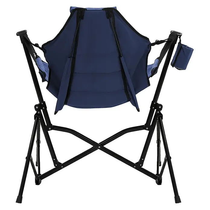 Campingstuhl faltbar Schaukelstuhl bis 150 kg Angelstuhl Outdoor Blau -  - Navyblauer klappbarer Schaukel-Campingstuhl mit schwarzem Metallrahmen, von hinten gezeigt. Gepolsterter Stoff und Seitentasche.