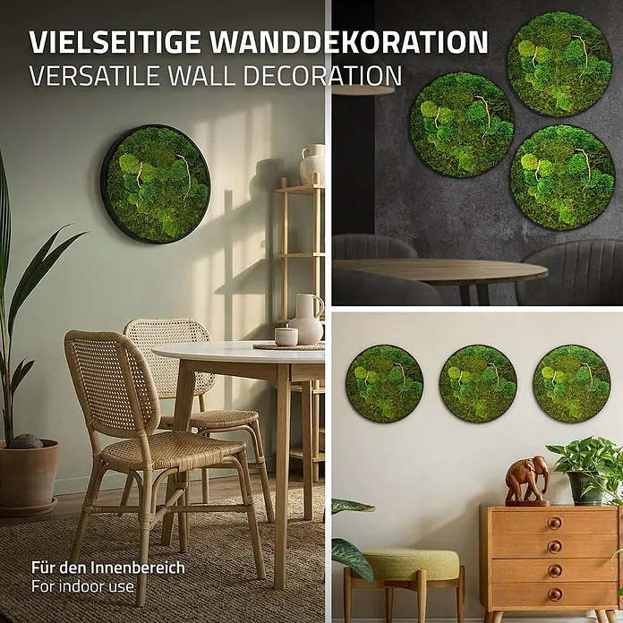 Moosbild Rund Ø40 cm Mooswand Indoor echtes Moos-Mix Holzäste gerahmt -  - Runde Wanddekorationen aus leuchtend grünem konserviertem Moos, einzeln und in Sets in verschiedenen Innenräumen.