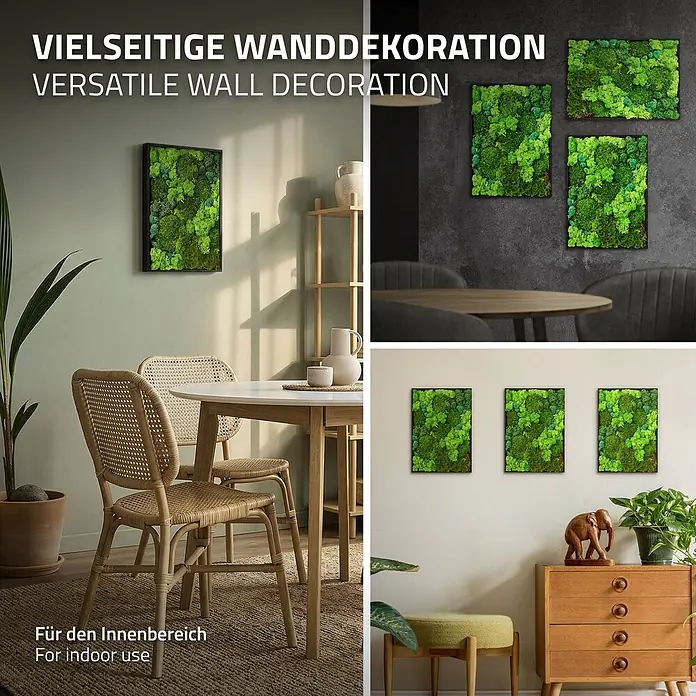 Moosbild Rechteck 38x27 cm Mooswand Indoor mit echtem Moos-Mix gerahmt -  - Vielseitige Wanddekoration aus grünem Moos in schwarzen Rahmen, präsentiert in stilvollen Innenräumen.