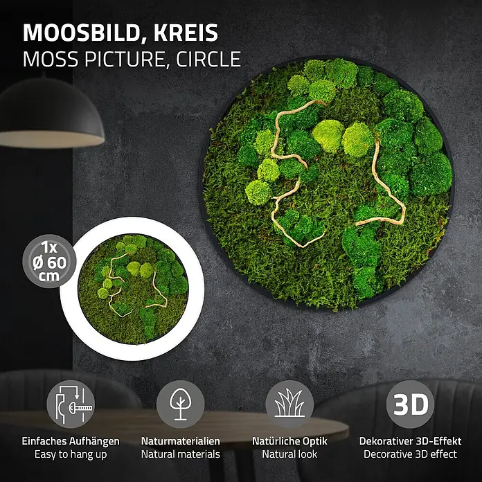 Moosbild Rund Ø60 cm Mooswand Indoor echtes Moos-Mix Holzäste gerahmt -  - Rundes Moosbild (Ø 60 cm) mit Naturmaterialien in verschiedenen Grüntönen.