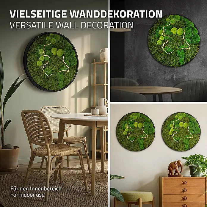 Moosbild Rund Ø60 cm Mooswand Indoor echtes Moos-Mix Holzäste gerahmt -  - Runde Wanddekoration mit konserviertem grünem Moos in schwarzem Rahmen, akzentuiert mit Naturzweigen, gezeigt in verschiedenen Innenräumen.