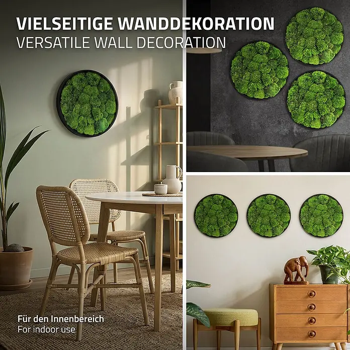 Moosbild Rund Ø 40 cm Mooswand Indoor mit echtem Kugelmoos Holzrahmen -  - Vielseitige runde Moos-Wanddekorationen in Schwarzrahmen für den Innenbereich, in verschiedenen Wohnräumen gezeigt.
