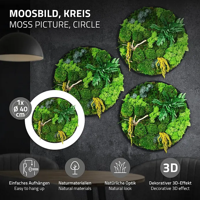 Moosbild Rund Ø40 cm Mooswand Indoor gerahmt echtes Moos-Mix Holzäste -  - Drei runde Moosbilder aus Naturmaterialien in verschiedenen Grüntönen und 3D-Effekt als Wanddekoration, eines mit 40 cm Durchmesser.