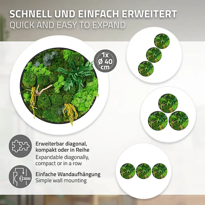 Moosbild Rund Ø40 cm Mooswand Indoor gerahmt echtes Moos-Mix Holzäste -  - Rundes Moos-Wandpaneel, 40 cm Durchmesser, mit grünen Pflanzen und Moos. Erweiterbares Design für flexible Wandgestaltung und einfache Montage.