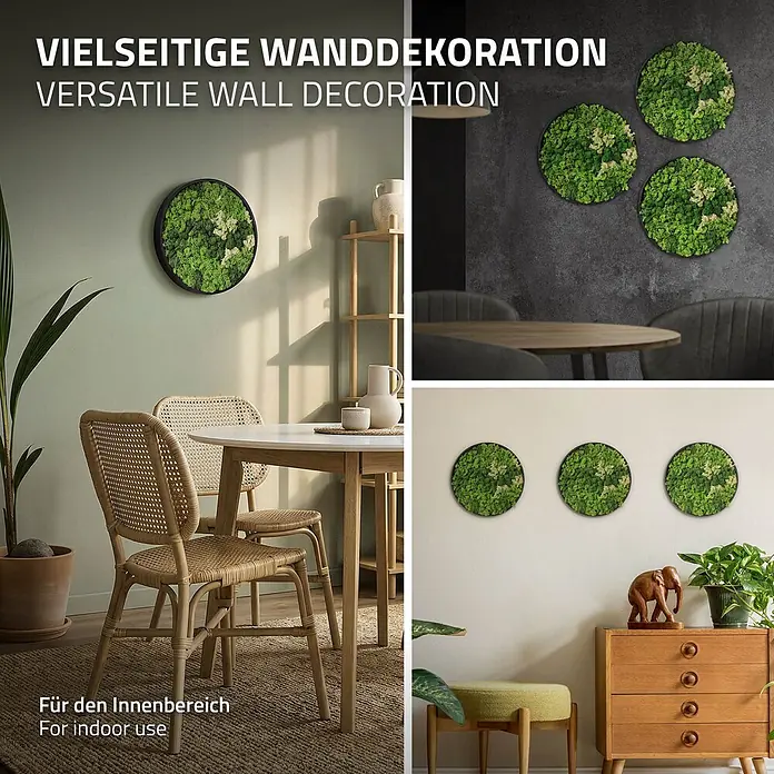 Moosbild Rund Ø 30 cm Mooswand Indoor mit echtem Islandmoos Holzrahmen -  - Kreisförmige Wanddekorationen aus konserviertem grünem Moos, einzeln und im Dreierset in verschiedenen Innenräumen gezeigt.